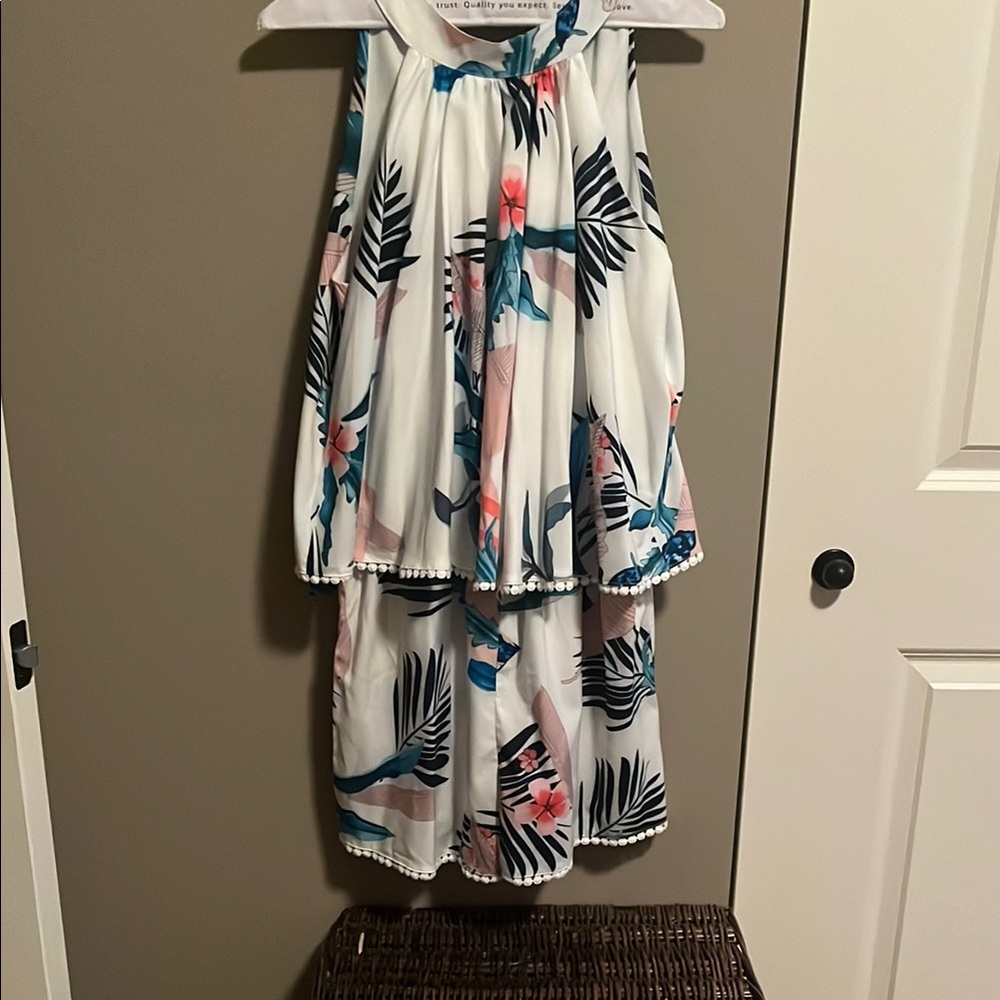 Floral Halter Dress with Pom Pom Trim